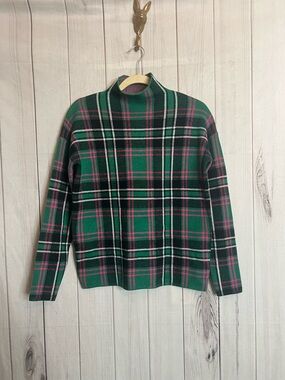Tahari Green Plaid Turtleneck Sweater with Pink & White Stripes